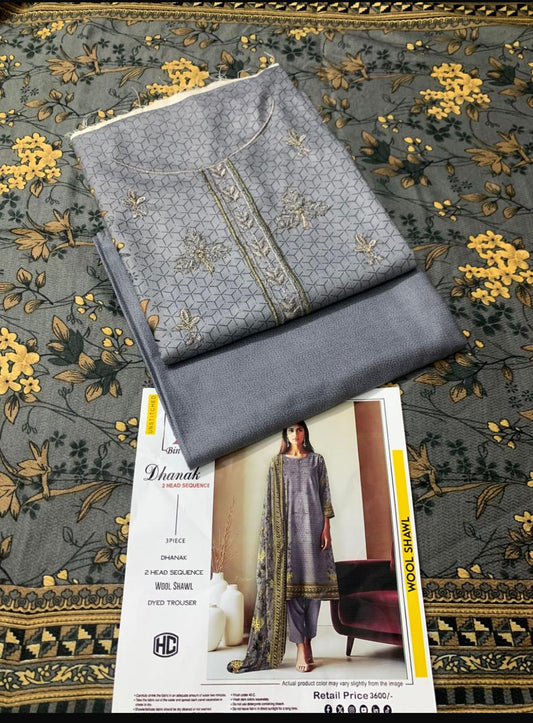 Winter Grace – 3-Piece Digital Dhanak Embroidered Suit (Gray)
