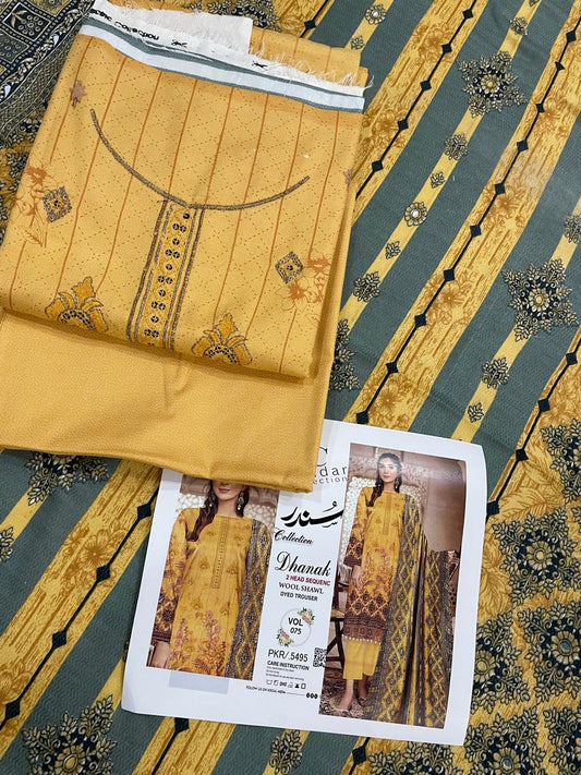 Winter Grace – 3-Piece Digital Dhanak Embroidered Suit (Yelloe)