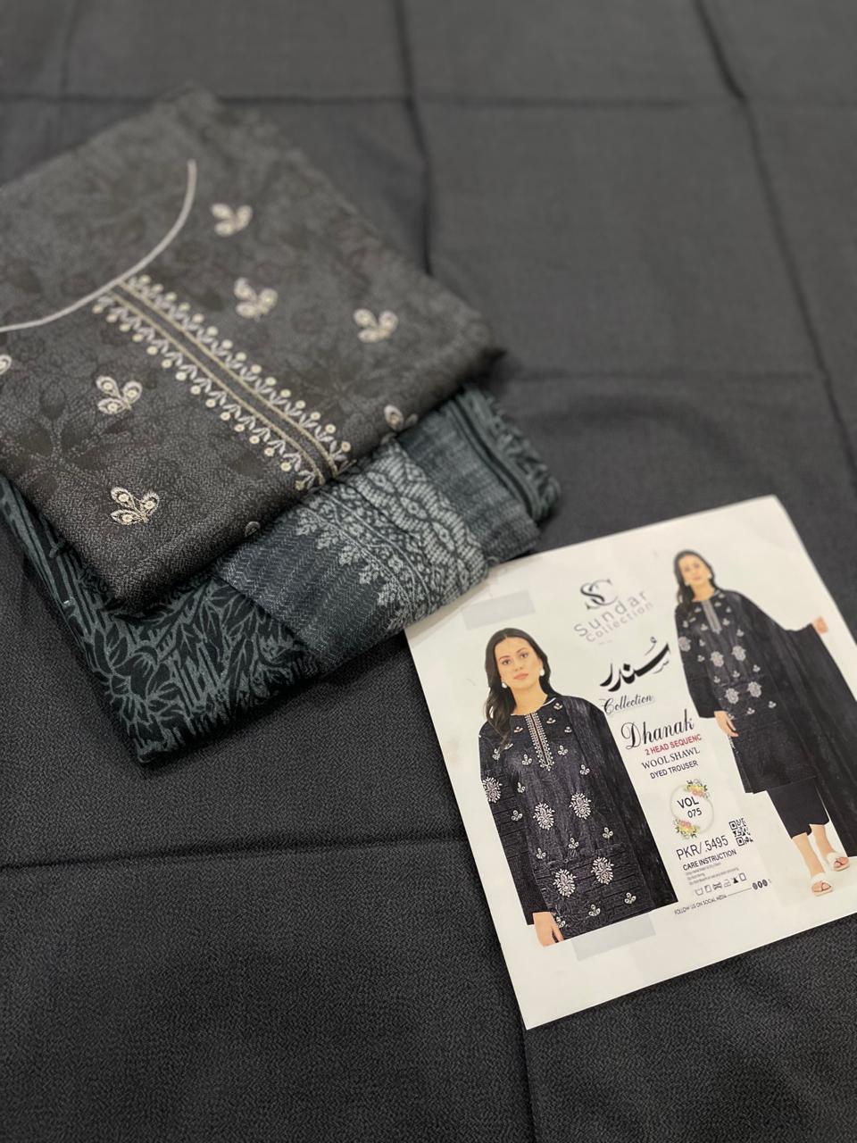 Winter Grace – 3-Piece Digital Dhanak Embroidered Suit (Black)