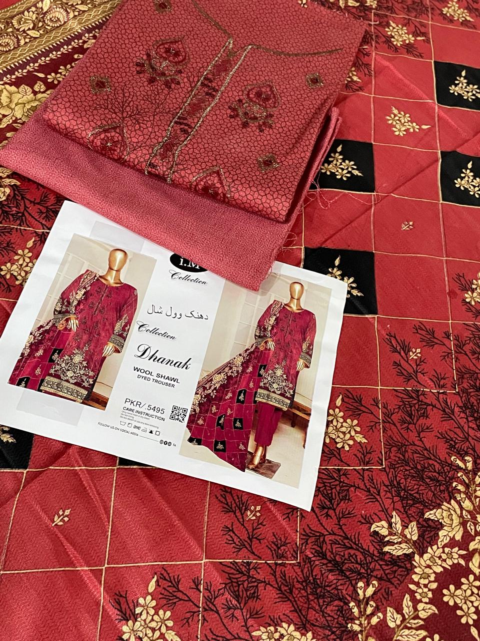 Winter Grace – 3-Piece Digital Dhanak Embroidered Suit (Red)