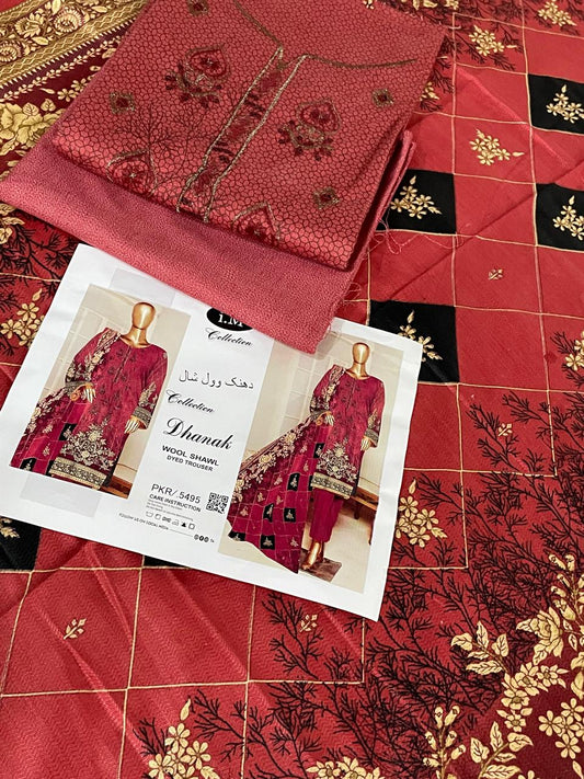 Winter Grace – 3-Piece Digital Dhanak Embroidered Suit (Red)