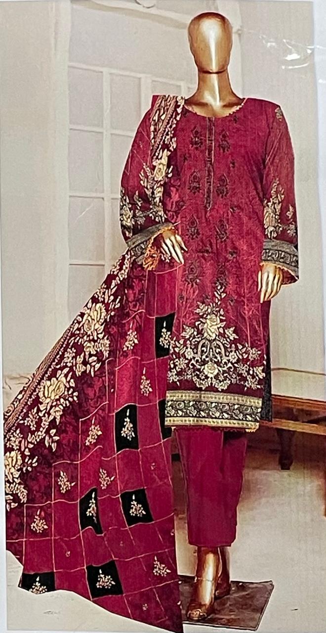 Winter Grace – 3-Piece Digital Dhanak Embroidered Suit (Red)