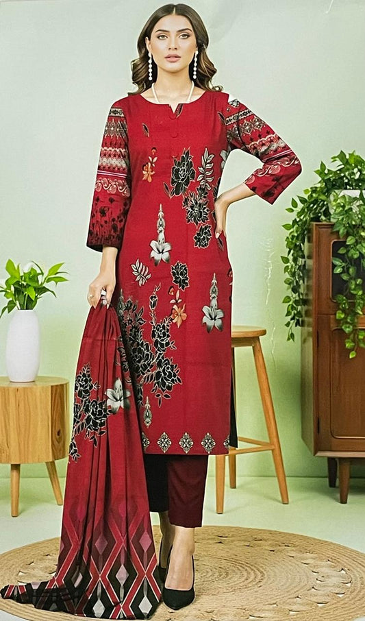 Premium 3-Piece Khaddar (Red)– Elegance in Every Thread.