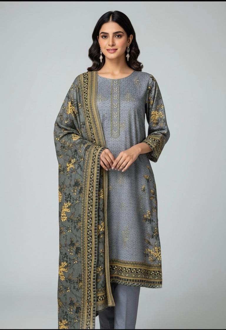Winter Grace – 3-Piece Digital Dhanak Embroidered Suit (Gray)